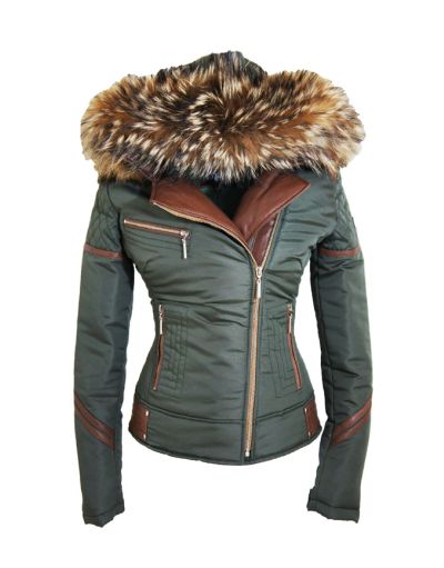 Olijfgroen bontjas F473