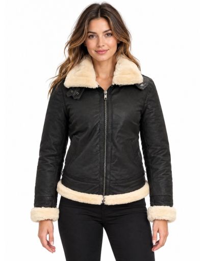 Zwarte nubuck lamsleren damesjas met capuchon